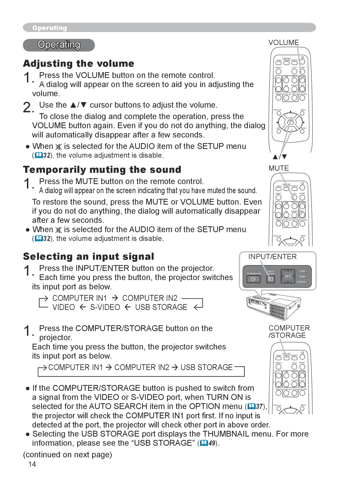 Apple CPX5, CPX1 user manual Operating, Adjusting the volume, Temporarily muting the sound, Selecting an input signal 