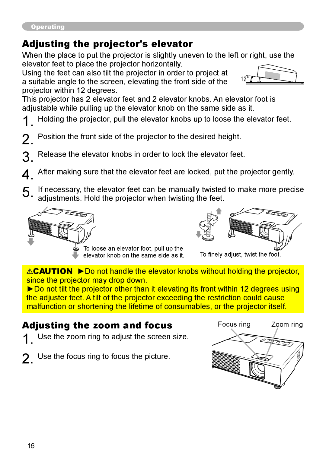 Apple CPX5, CPX1 user manual Adjusting the projectors elevator, Adjusting the zoom and focus, Focus ring 