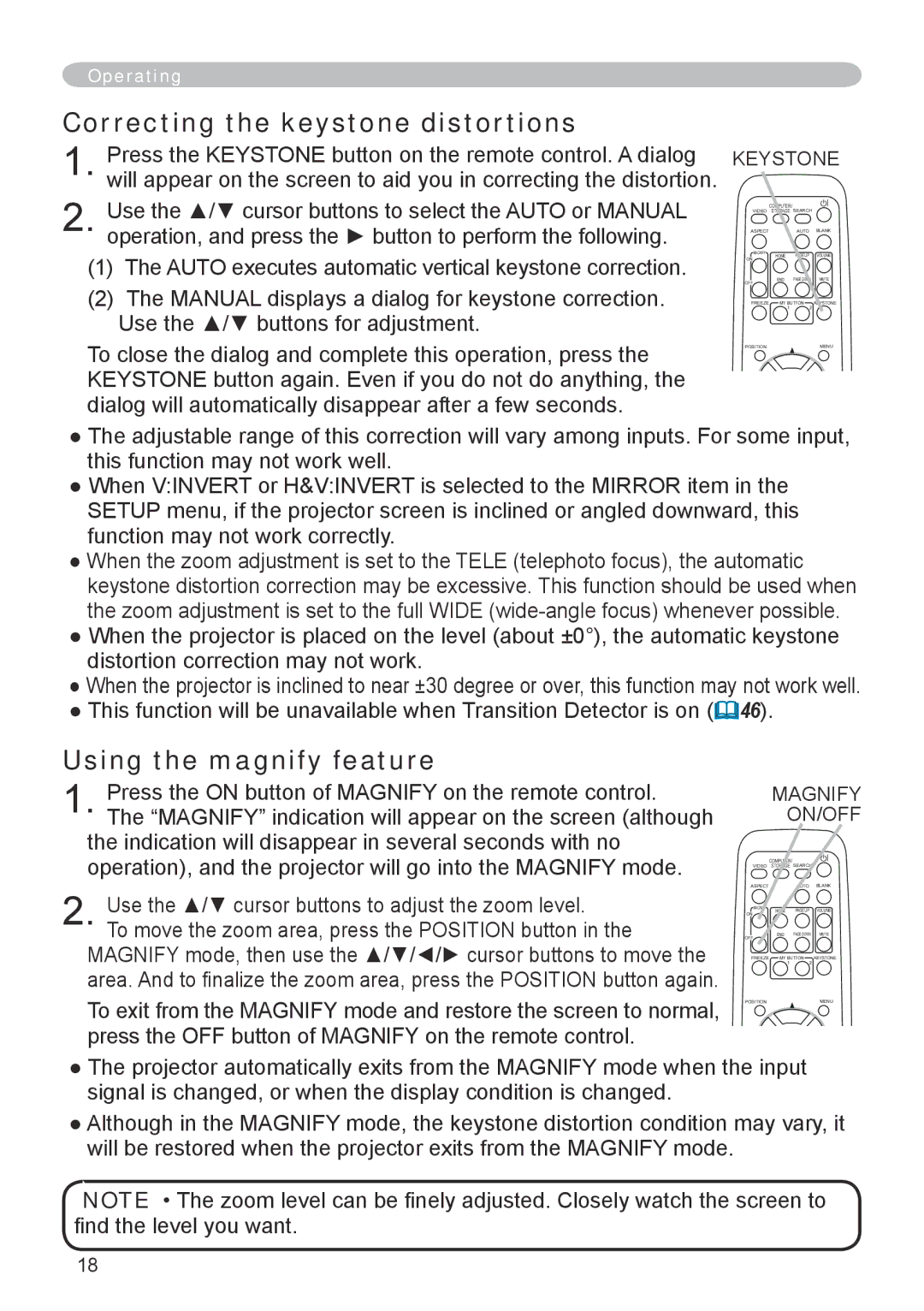 Apple CPX5, CPX1 user manual Correcting the keystone distortions, Using the magnify feature, Keystone, Magnify ON/OFF 