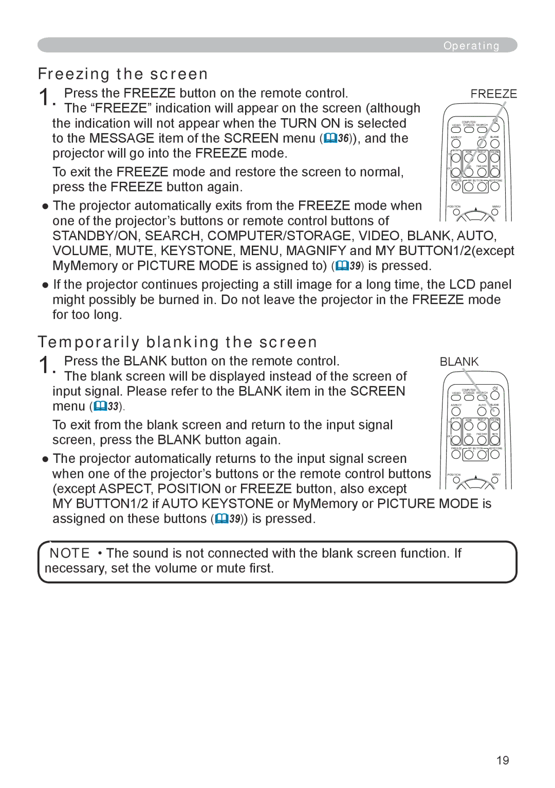 Apple CPX1, CPX5 user manual Freezing the screen, Temporarily blanking the screen, Freeze, Blank 