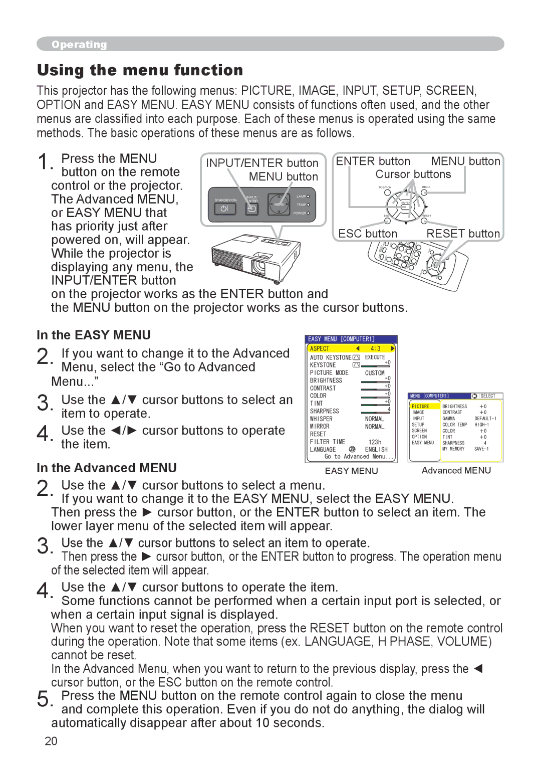 Apple CPX5, CPX1 user manual Using the menu function, Easy Menu, Advanced Menu 