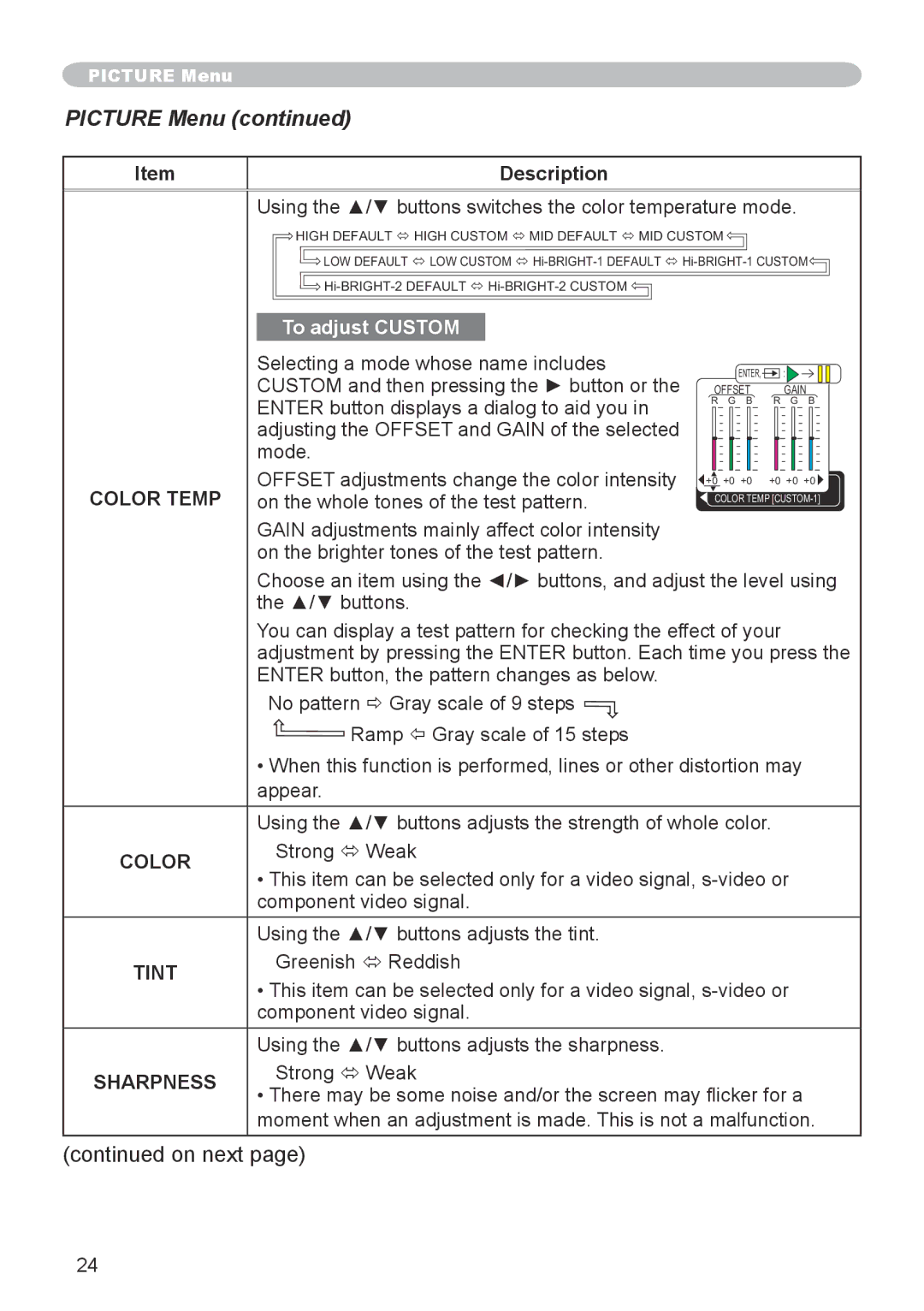 Apple CPX5 Picture Menu, Using the / buttons switches the color temperature mode, Selecting a mode whose name includes 