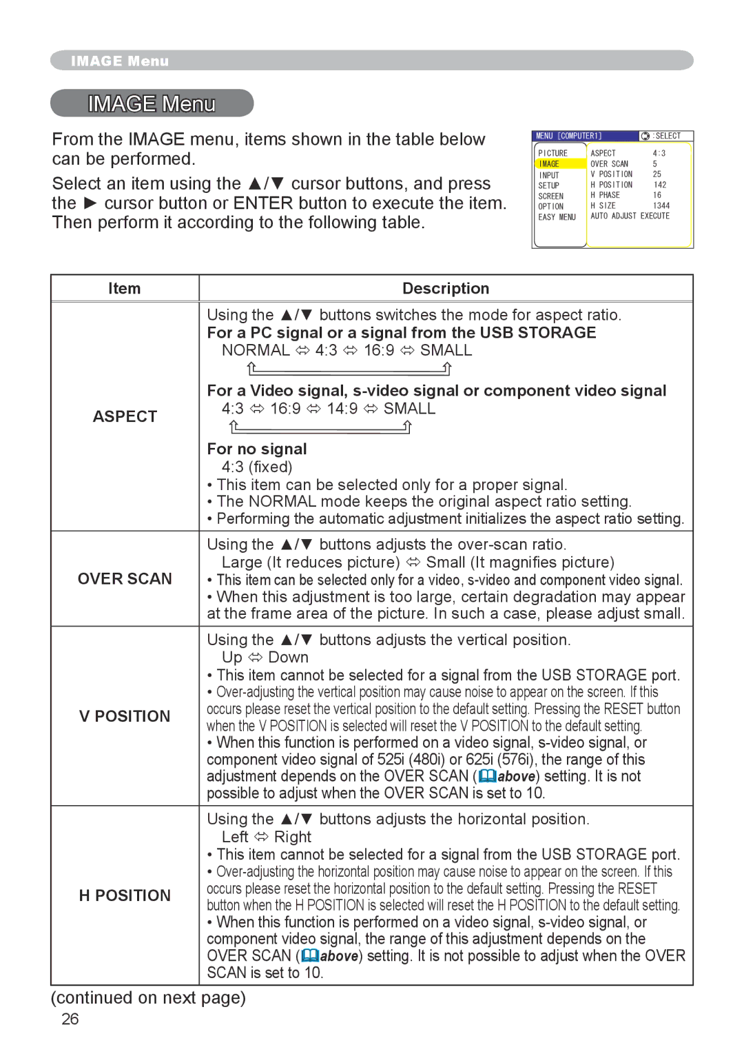 Apple CPX5, CPX1 user manual Image Menu, Over Scan, Position 