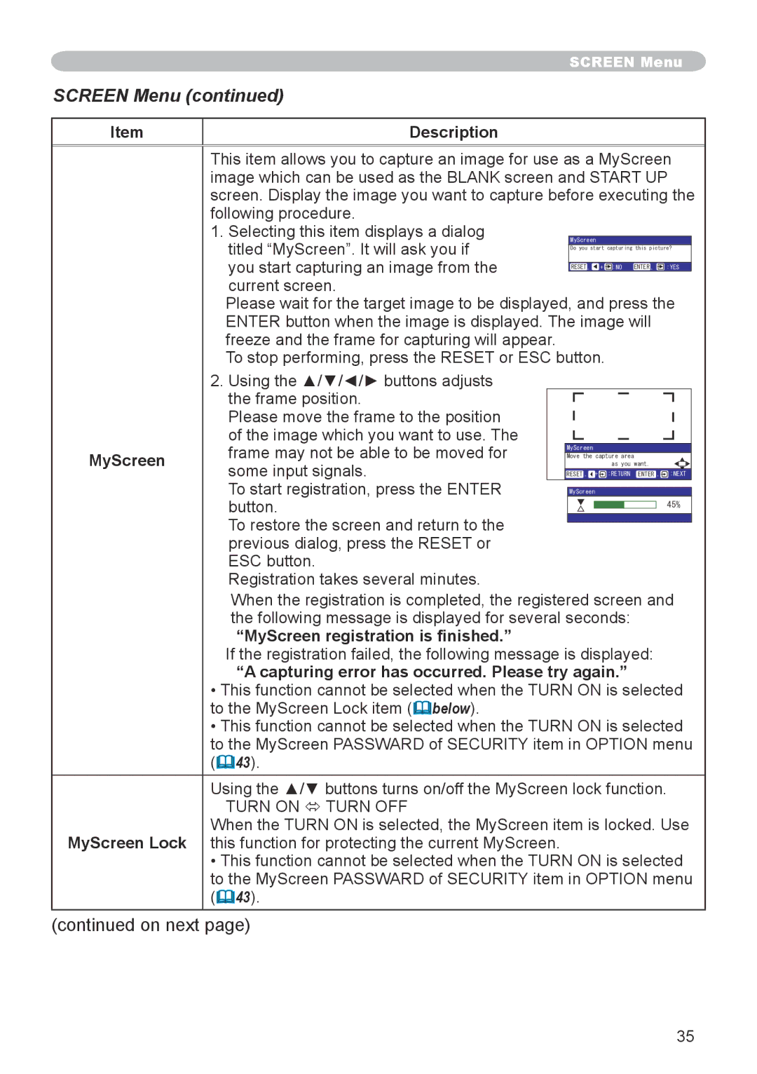 Apple CPX1, CPX5 user manual MyScreen registration is finished, Capturing error has occurred. Please try again 