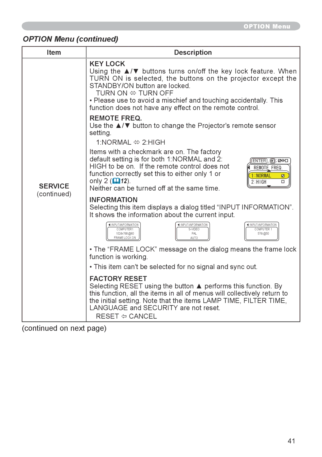 Apple CPX1, CPX5 user manual KEY Lock, Remote Freq, Information, Factory Reset 