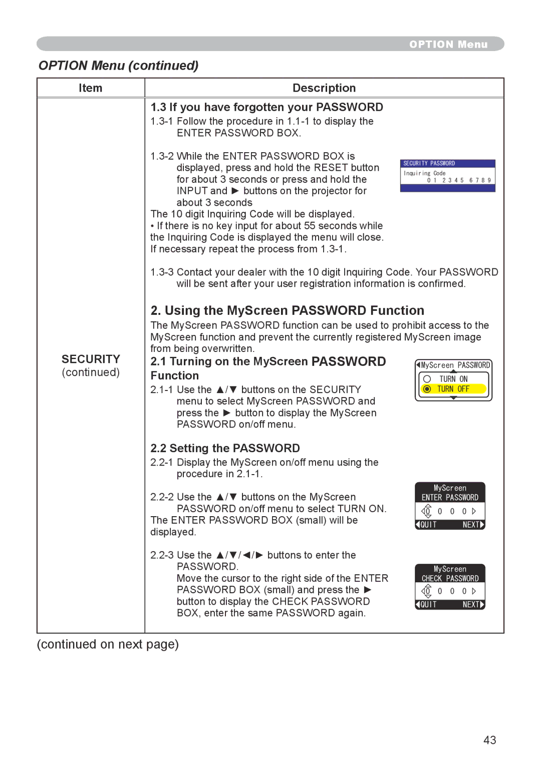 Apple CPX1 Using the MyScreen Password Function, Description If you have forgotten your Password, Setting the Password 