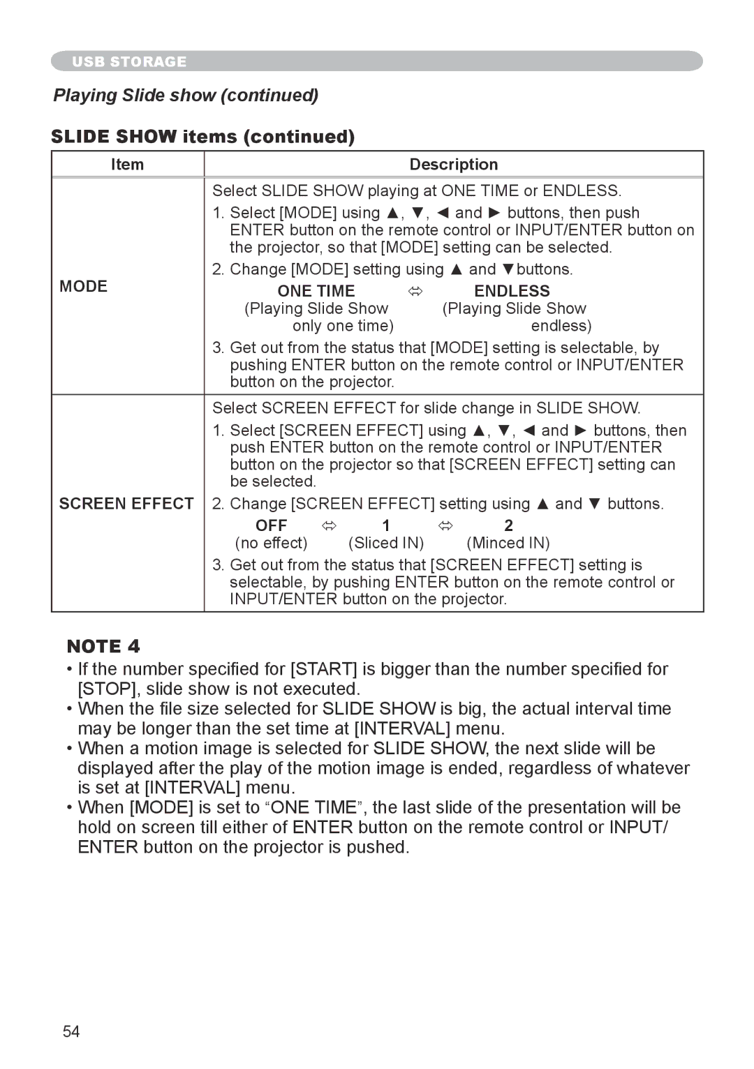 Apple CPX5, CPX1 user manual Playing Slide show, Mode, ONE Time Endless, Screen Effect, Off 