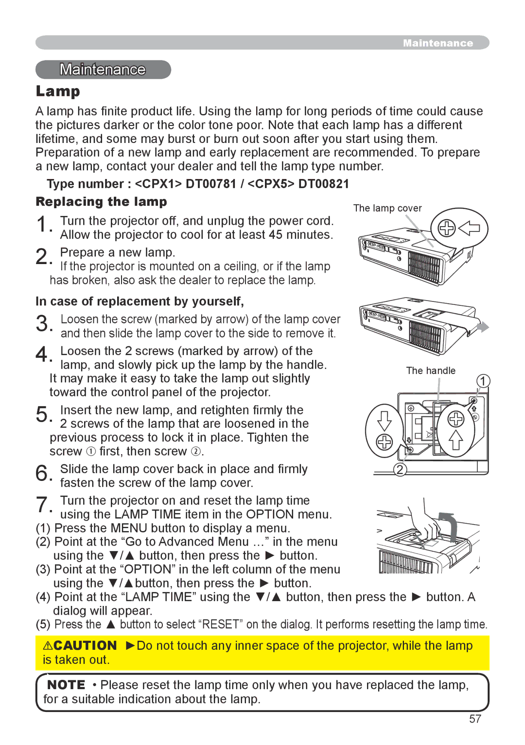 Apple Maintenance, Lamp, Type number CPX1 DT00781 / CPX5 DT00821 Replacing the lamp, Case of replacement by yourself 