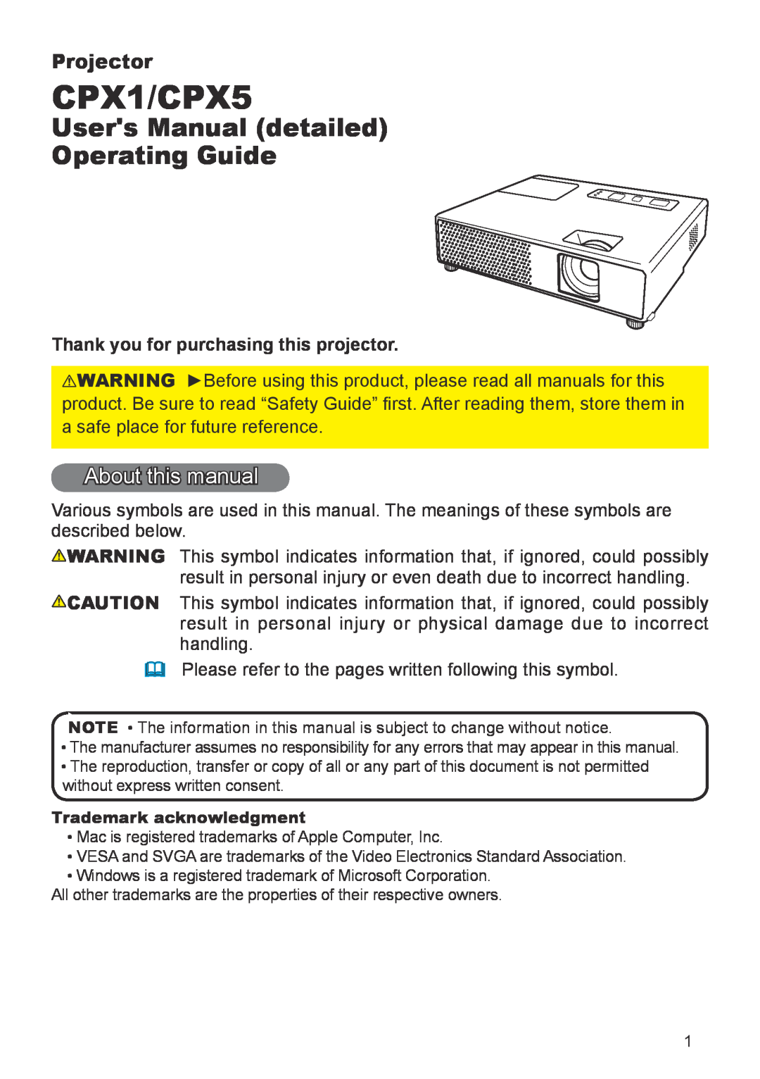 Apple user manual About this manual, Projector, Thank you for purchasing this projector, CPX1/CPX5 