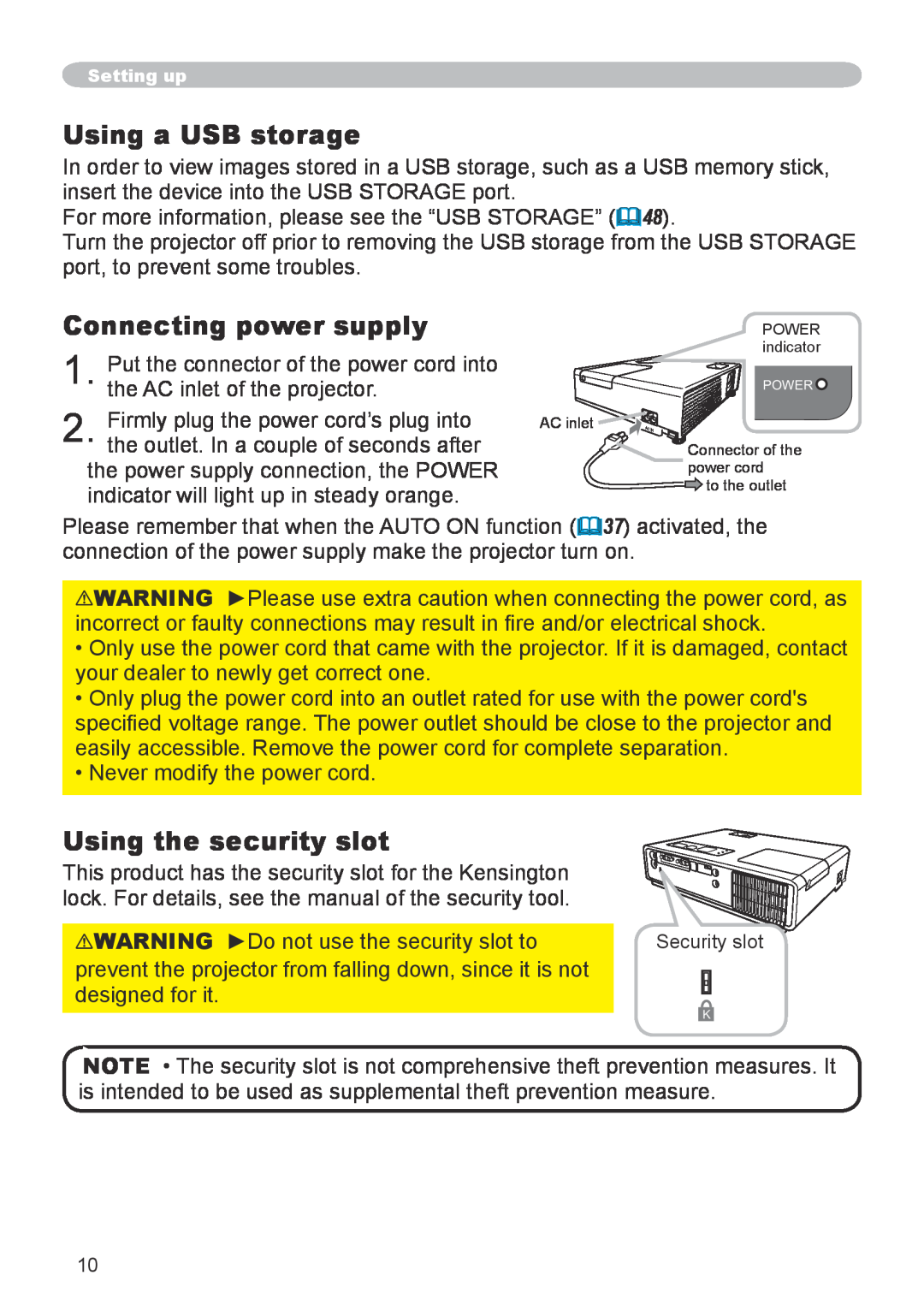 Apple CPX5, CPX1 user manual Using a USB storage, Connecting power supply, Using the security slot 