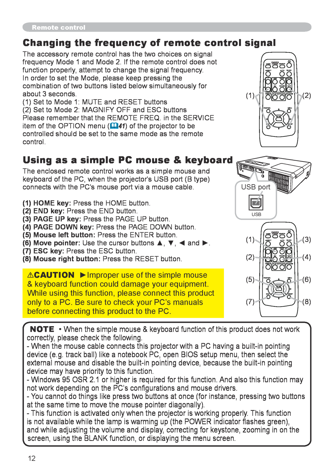 Apple CPX5, CPX1 user manual Changing the frequency of remote control signal, Using as a simple PC mouse & keyboard 