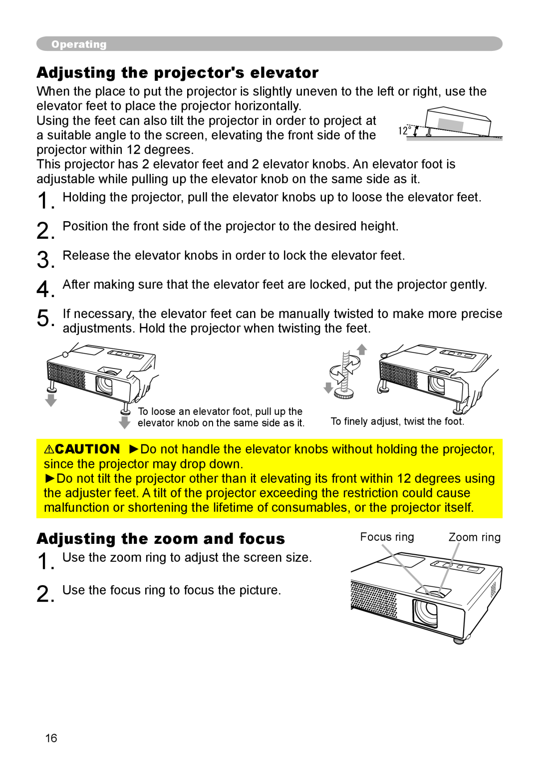 Apple CPX5, CPX1 user manual Adjusting the projectors elevator, Adjusting the zoom and focus 
