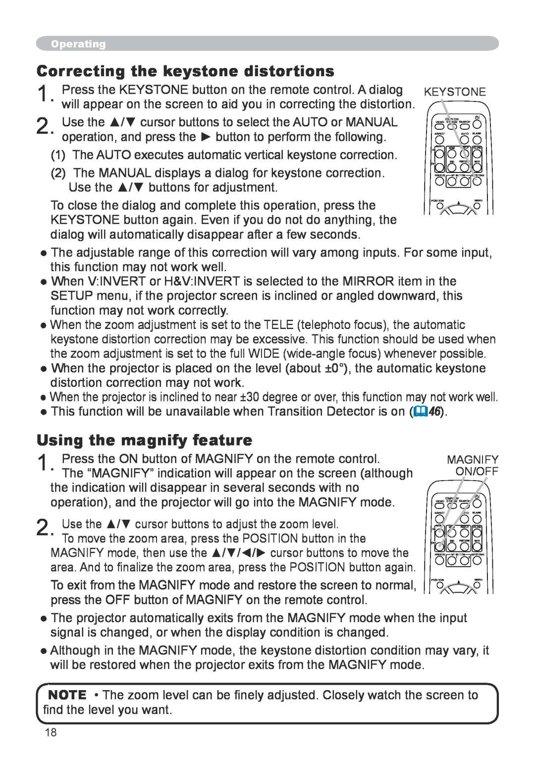 Apple CPX5, CPX1 user manual Correcting the keystone distortions, Using the magnify feature 