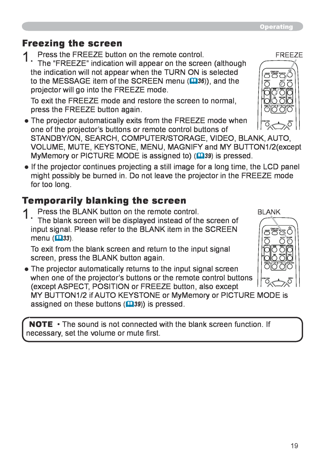 Apple CPX1, CPX5 user manual Freezing the screen, Temporarily blanking the screen 