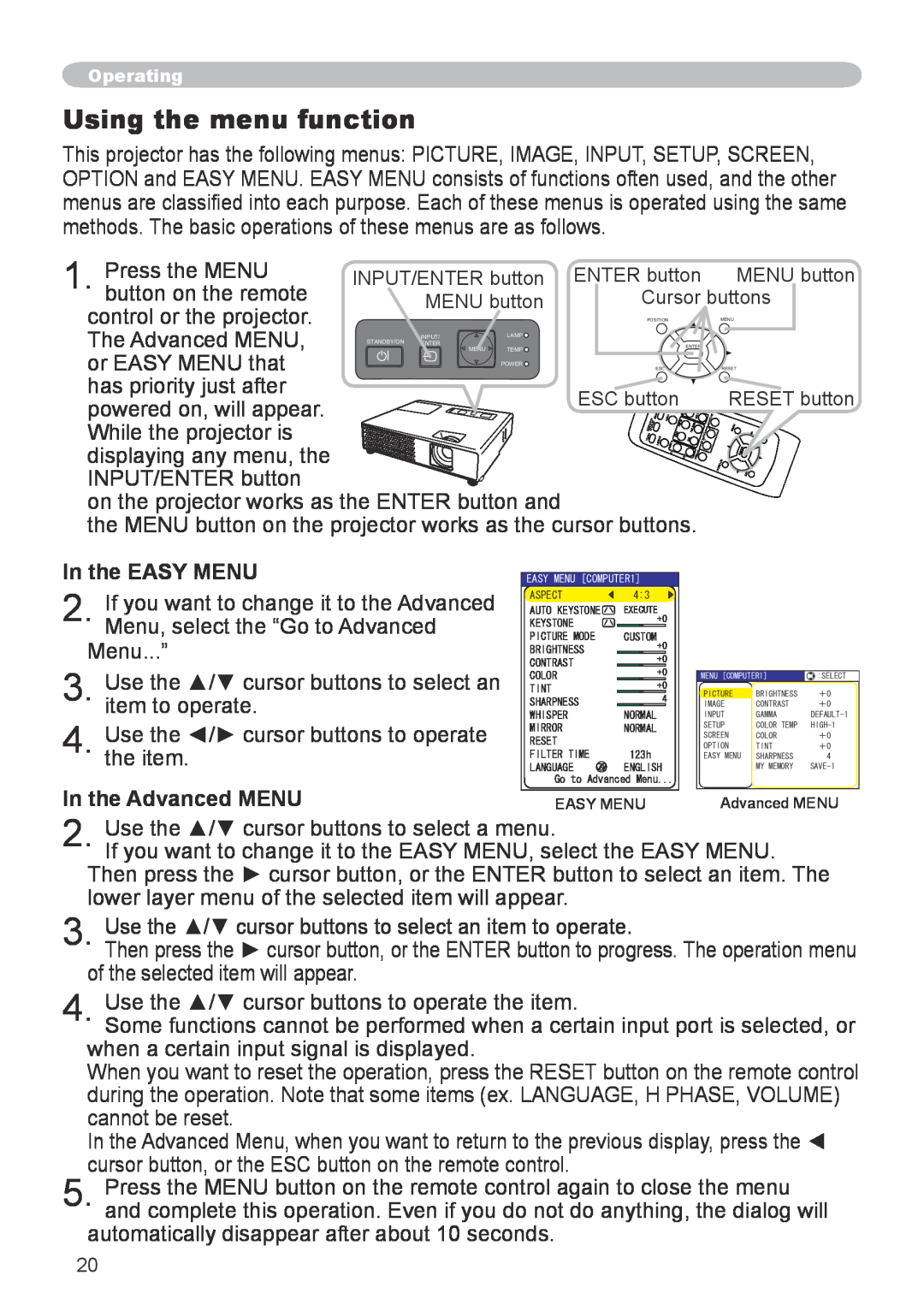 Apple CPX5, CPX1 user manual Using the menu function, In the EASY MENU, In the Advanced MENU 