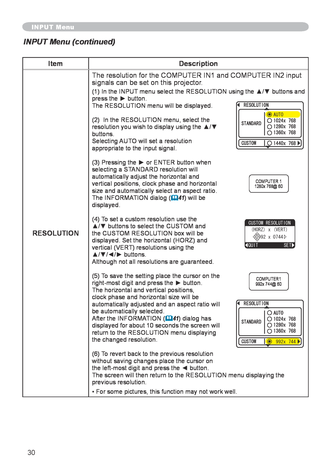 Apple CPX5, CPX1 user manual INPUT Menu continued, Description, Resolution, The RESOLUTION menu will be displayed 