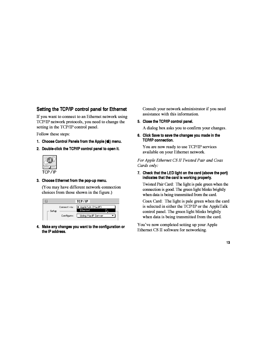 Apple CS II warranty Setting the TCP/IP control panel for Ethernet, Close the TCP/IP control panel 