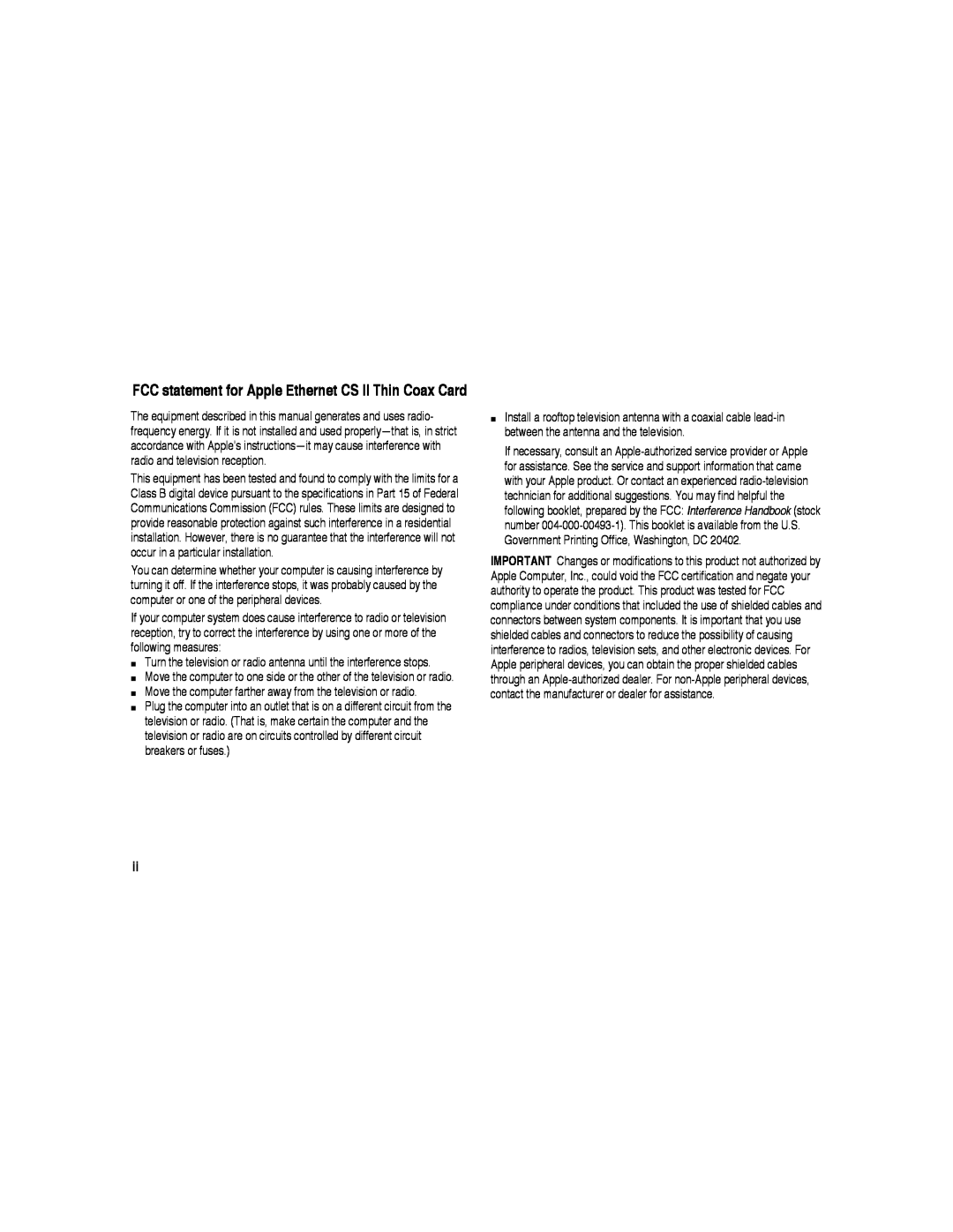 Apple warranty FCC statement for Apple Ethernet CS II Thin Coax Card 