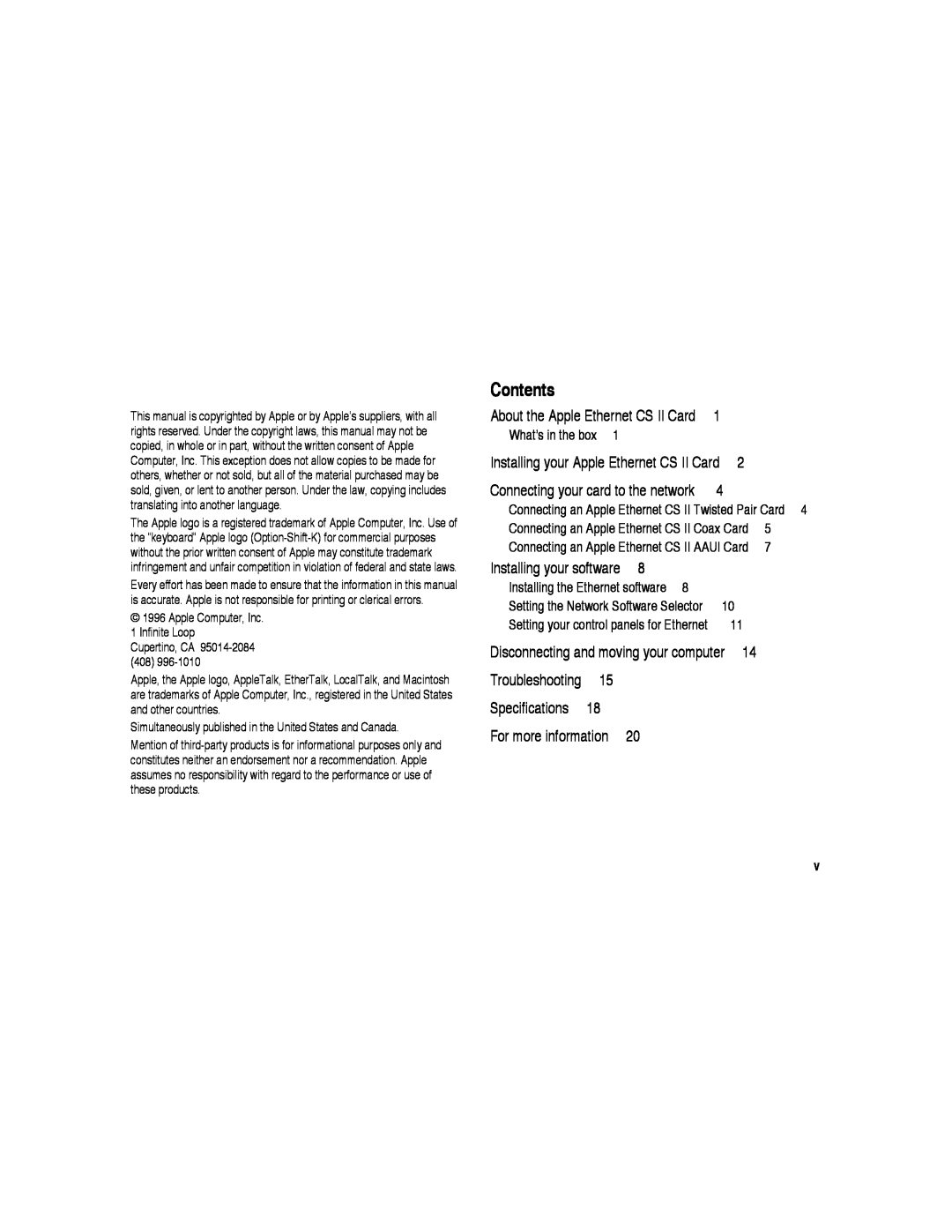 Apple CS II warranty Contents, Specifications 