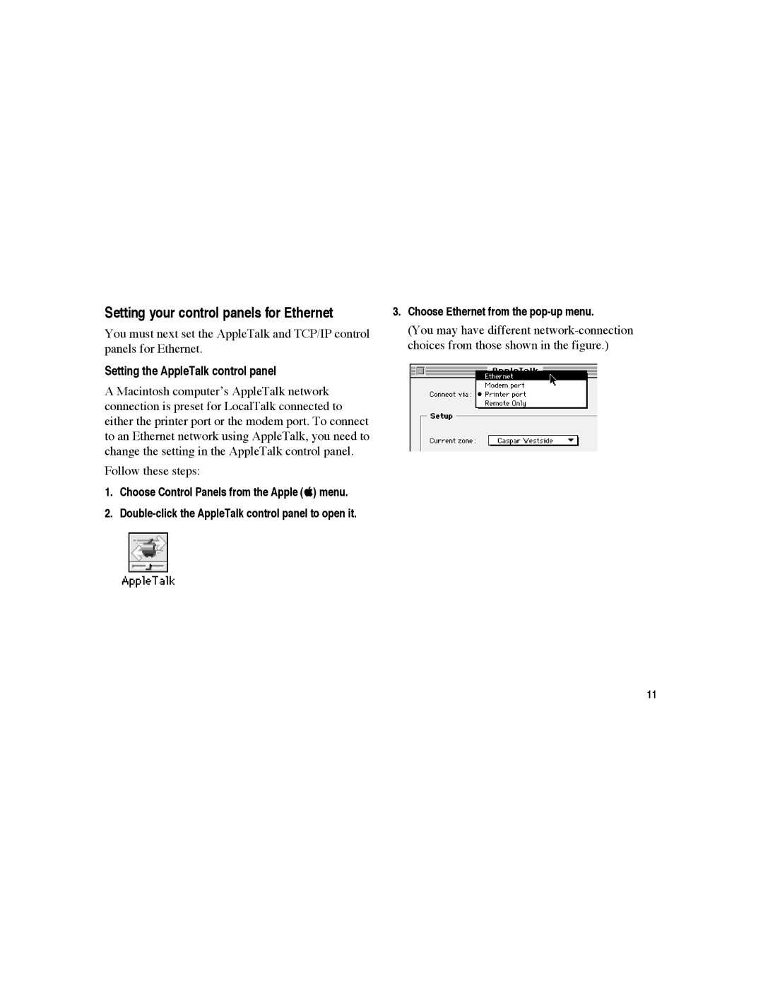 Apple CS II warranty Setting your control panels for Ethernet, Setting the AppleTalk control panel 