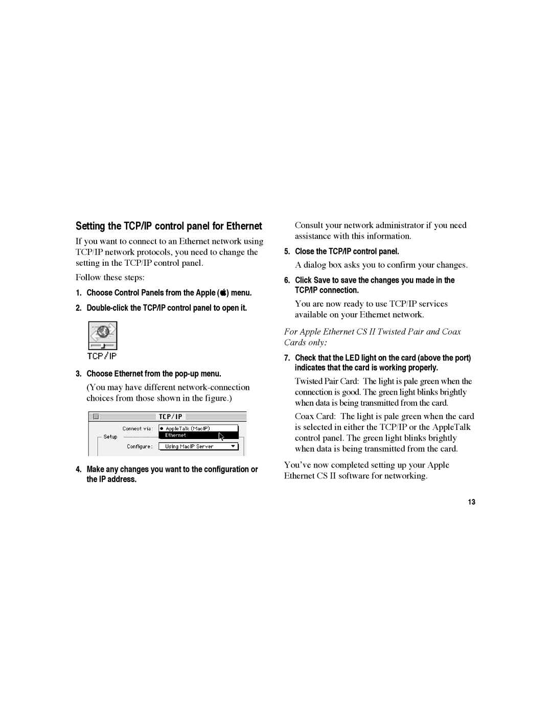 Apple CS II warranty Setting the TCP/IP control panel for Ethernet, Close the TCP/IP control panel 