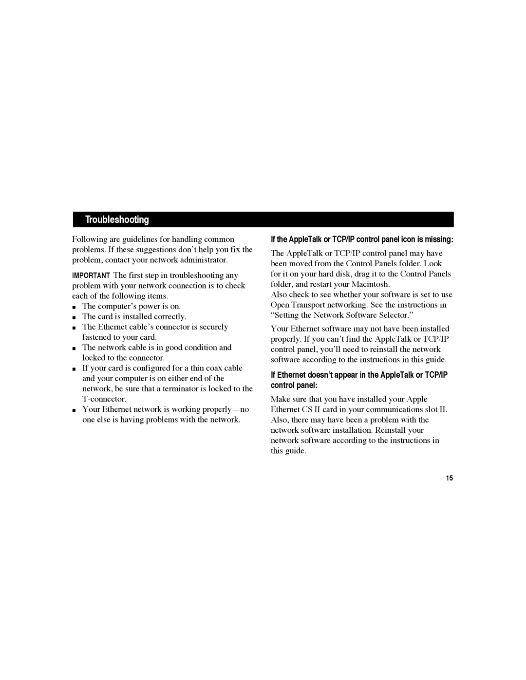 Apple CS II warranty Troubleshooting, If the AppleTalk or TCP/IP control panel icon is missing 