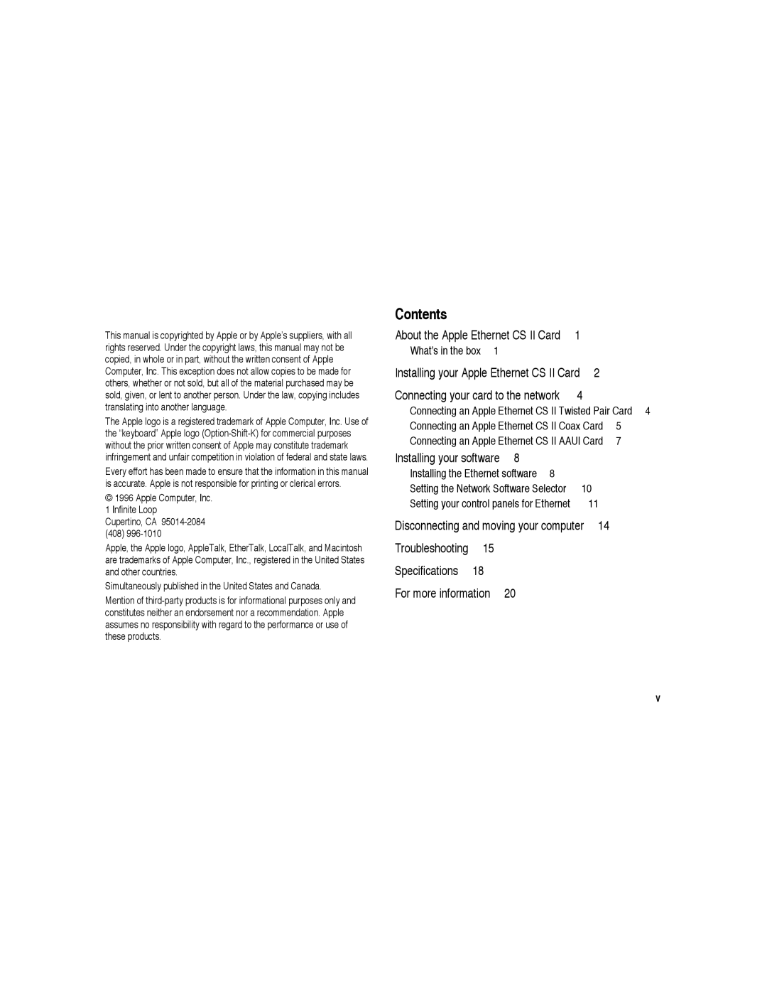 Apple CS II warranty Contents 