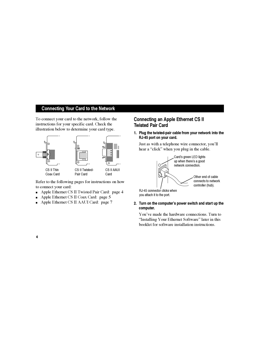 Apple warranty Connecting Your Card to the Network, Connecting an Apple Ethernet CS II Twisted Pair Card 