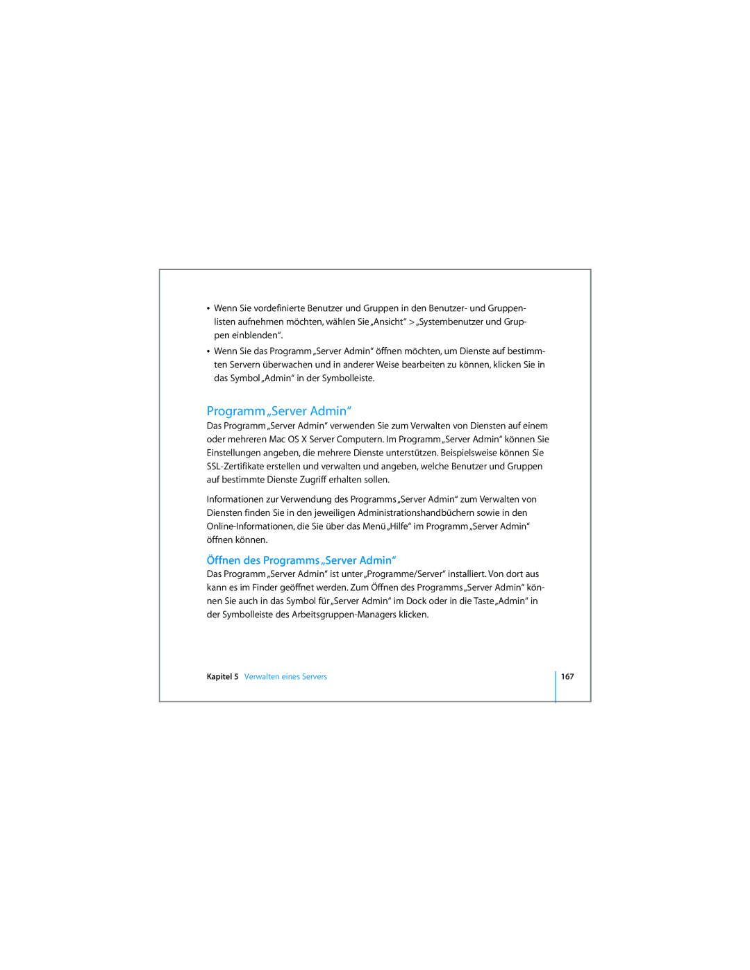 Apple D019-0740-A / 21.07.065 manual Programm „Server Admin, Öffnen des Programms „Server Admin, 167 