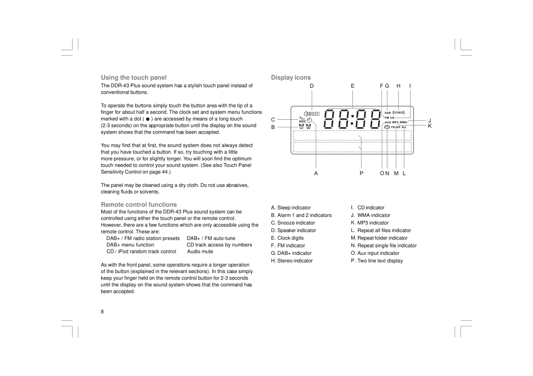 Apple DDR-43+ manual Using the touch panel, Remote control functions, Display icons 