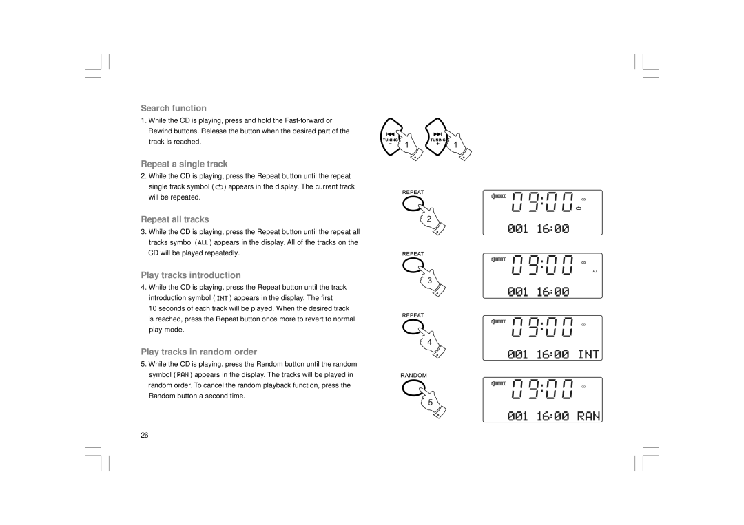 Apple DDR-43+ manual Search function, Repeat a single track, Repeat all tracks, Play tracks introduction 