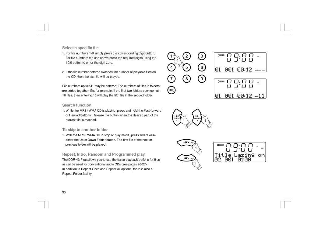 Apple DDR-43+ manual Select a specific file, To skip to another folder, Repeat, Intro, Random and Programmed play 