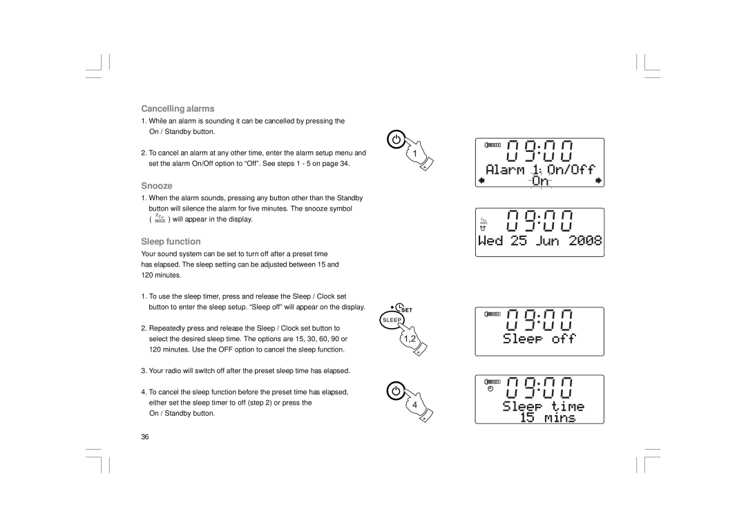 Apple DDR-43+ manual Cancelling alarms, Snooze, Sleep function 