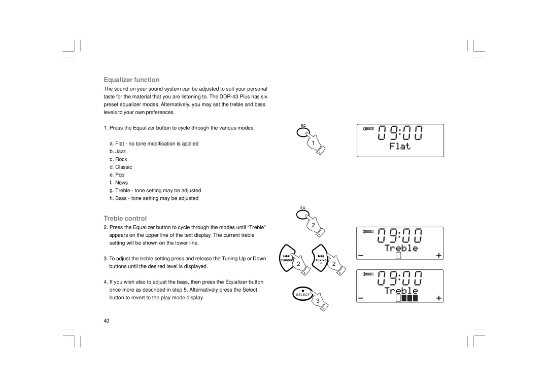 Apple DDR-43+ manual Equalizer function, Treble control 