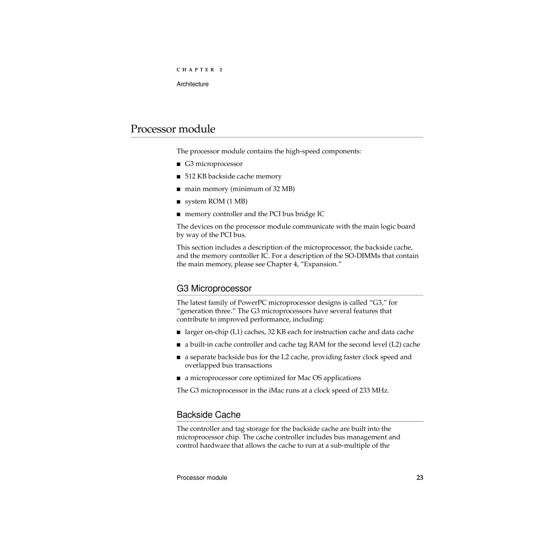 Apple Desktop Computer manual Processor module, G3 Microprocessor, Backside Cache 