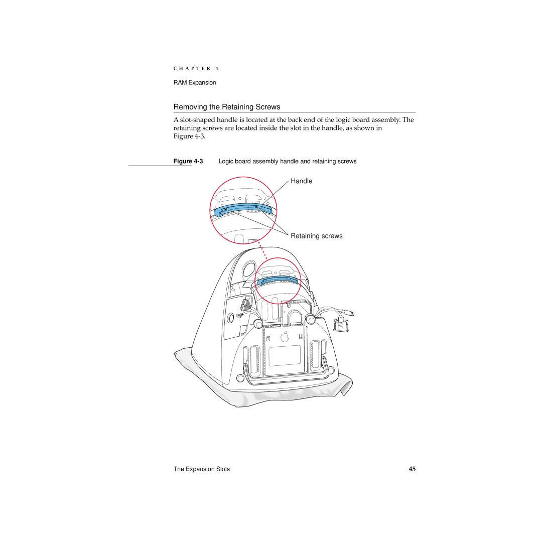 Apple Desktop Computer manual Removing the Retaining Screws, 3Logic board assembly handle and retaining screws 
