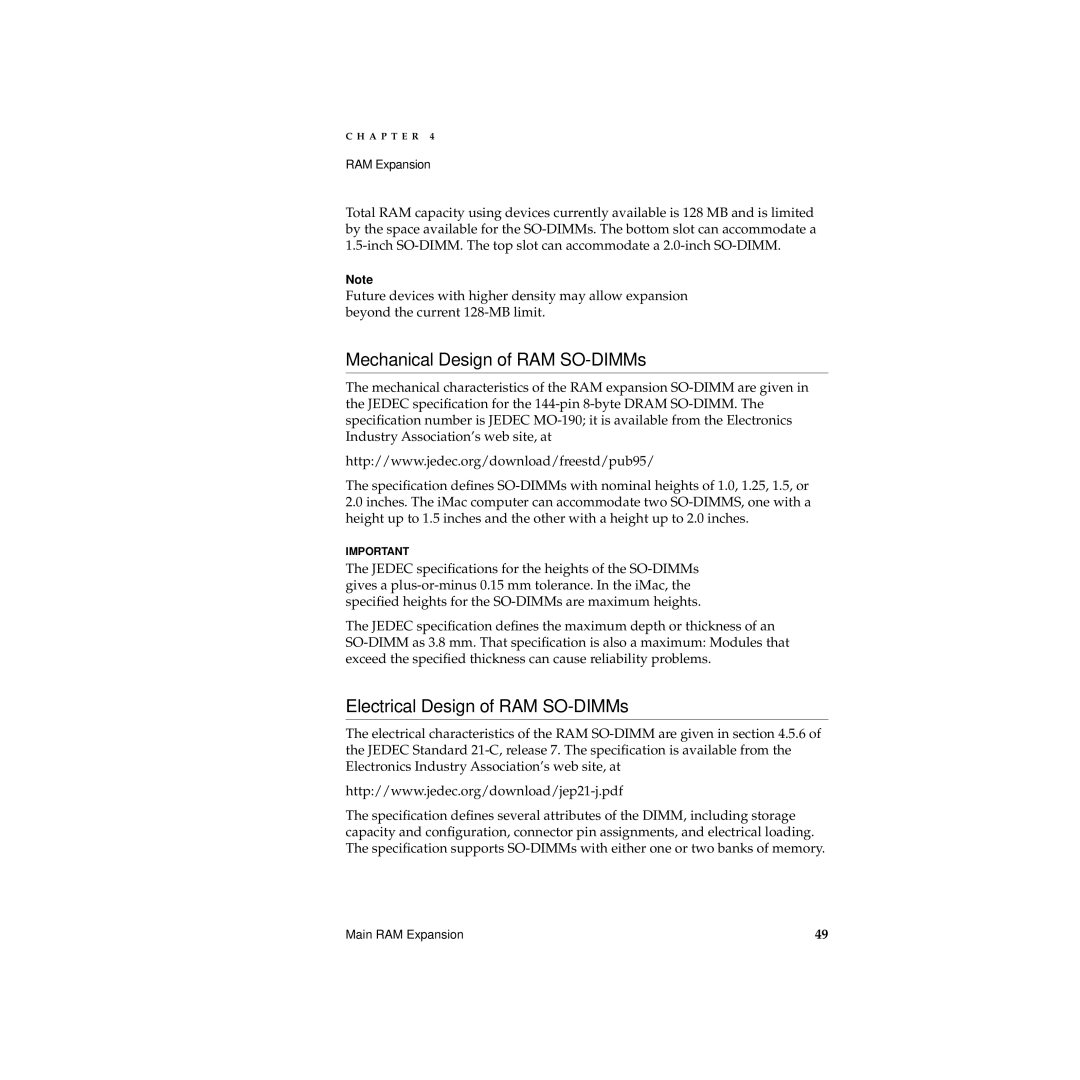 Apple Desktop Computer manual Mechanical Design of RAM SO-DIMMs, Electrical Design of RAM SO-DIMMs 