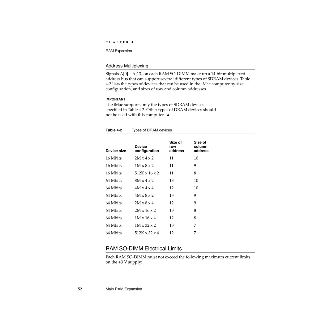 Apple Desktop Computer manual RAM SO-DIMM Electrical Limits, Address Multiplexing 