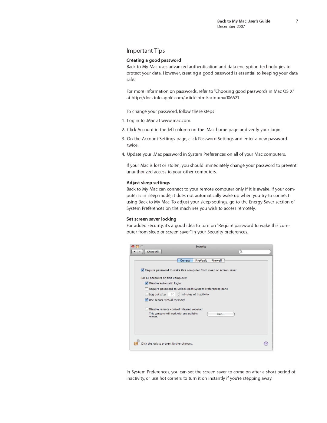 Apple Desktop PC manual Important Tips, Creating a good password, Adjust sleep settings, Set screen saver locking 