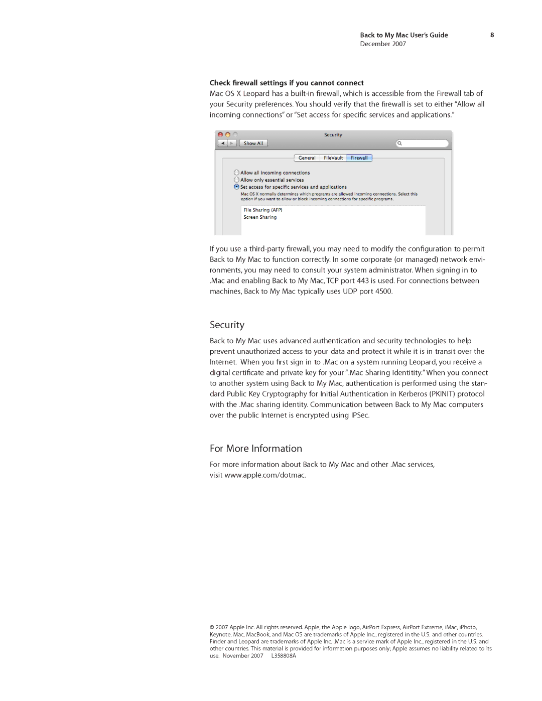 Apple Desktop PC manual Security, For More Information, Check firewall settings if you cannot connect 