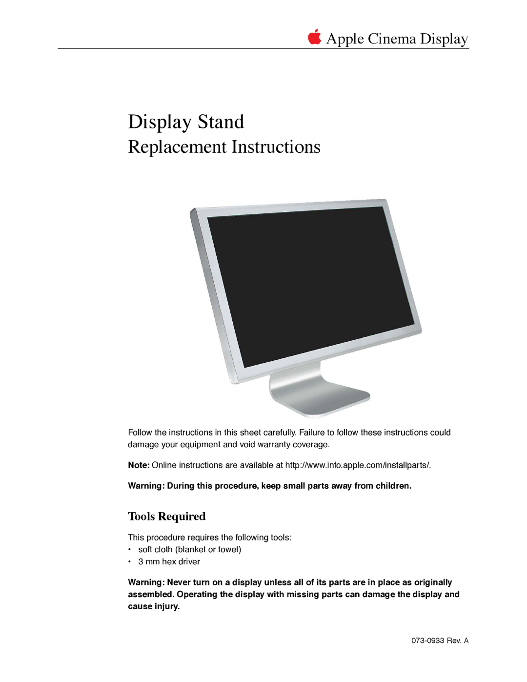 Apple Display Stand warranty Tools Required 