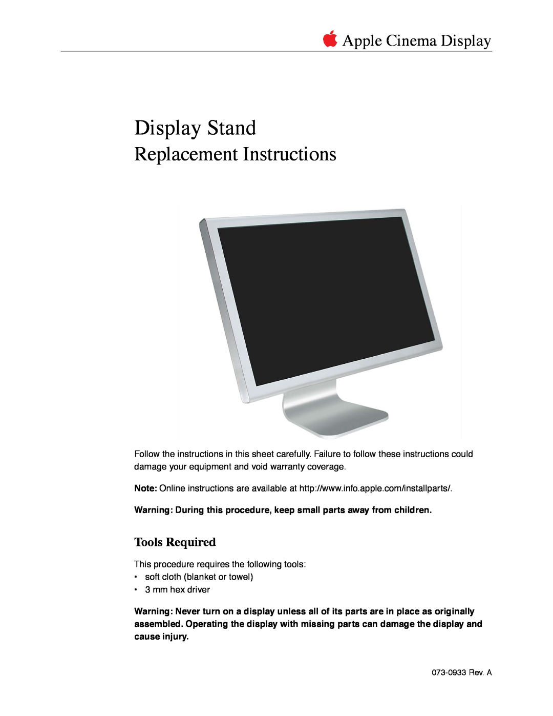 Apple Display Stand warranty Tools Required, Replacement Instructions,  Apple Cinema Display 