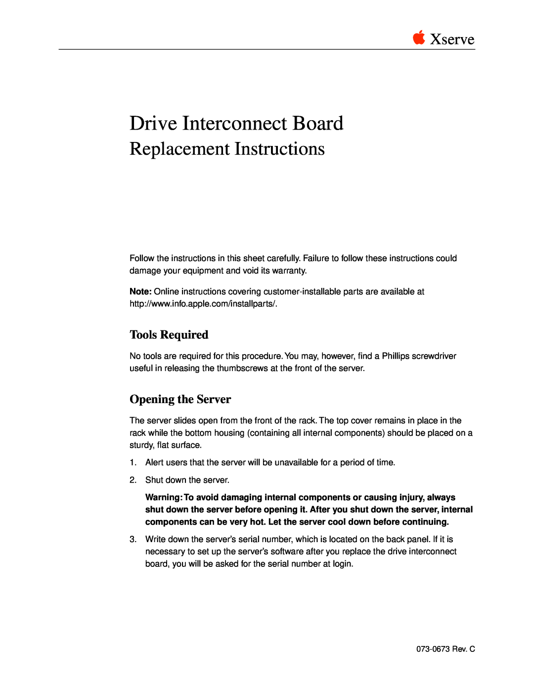 Apple Drive Interconnect Board warranty Tools Required, Opening the Server, Replacement Instructions, Xserve 