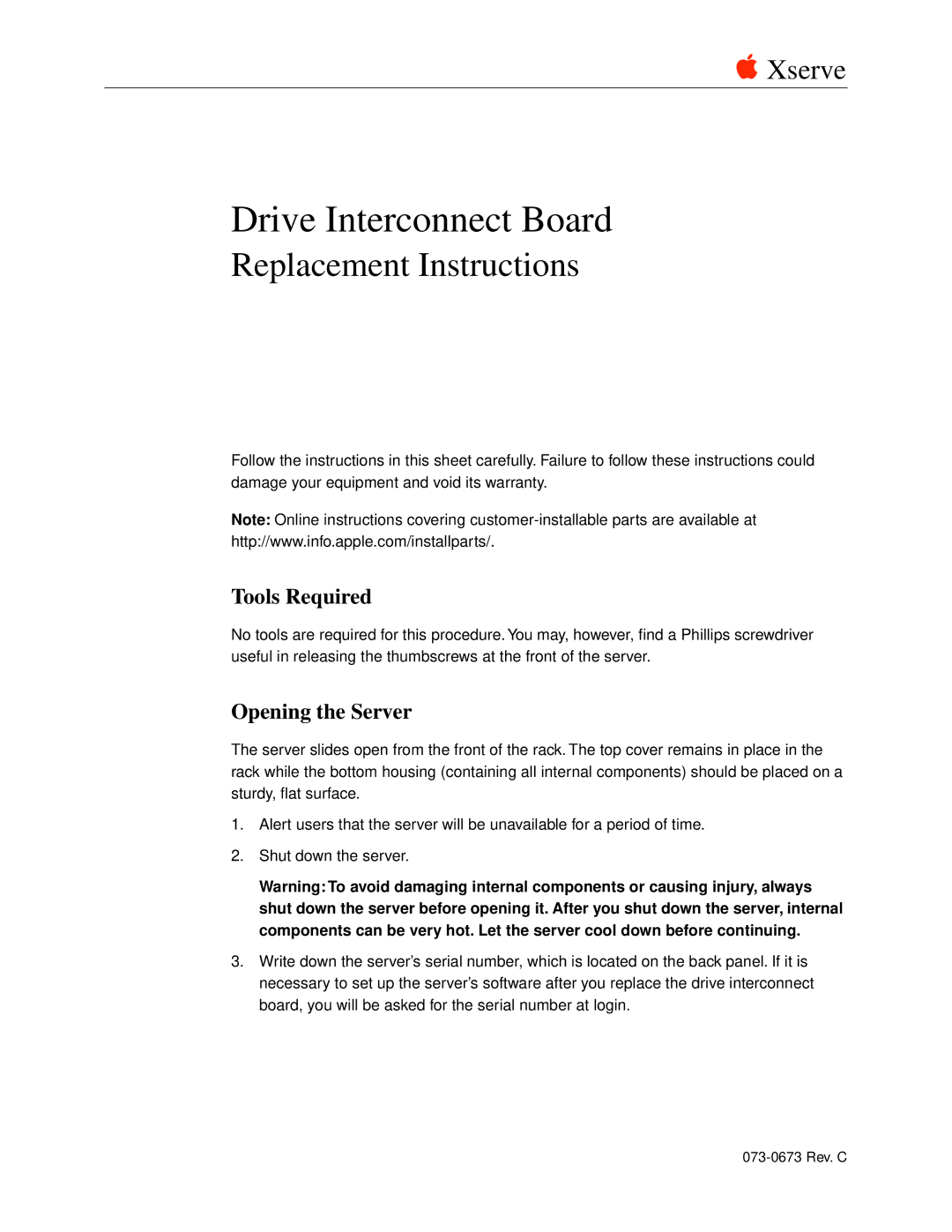 Apple Drive Interconnect Board warranty Tools Required, Opening the Server 