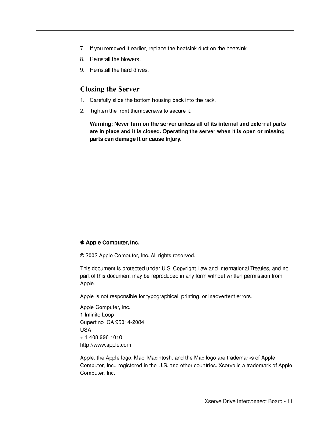 Apple Drive Interconnect Board warranty Closing the Server, Apple Computer, Inc 