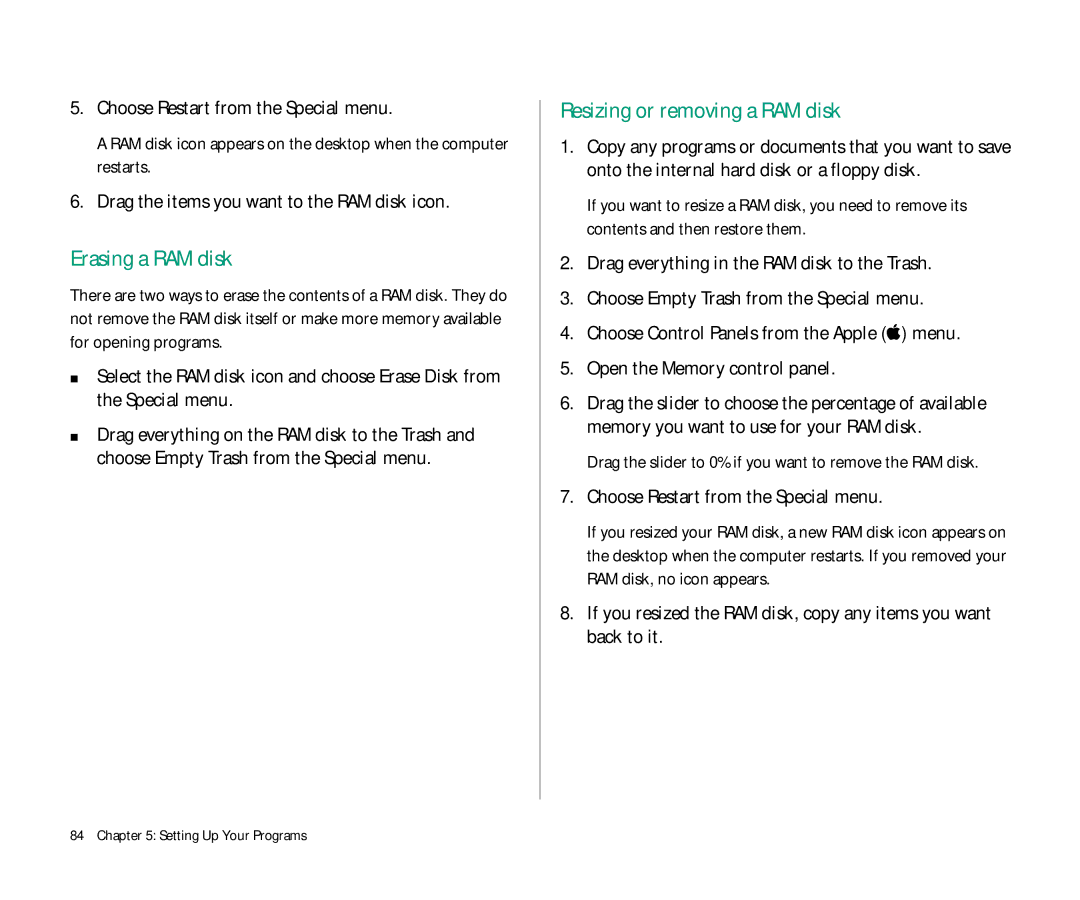 Apple Duo 270C manual Erasing a RAM disk, Resizing or removing a RAM disk, Choose Restart from the Special menu 