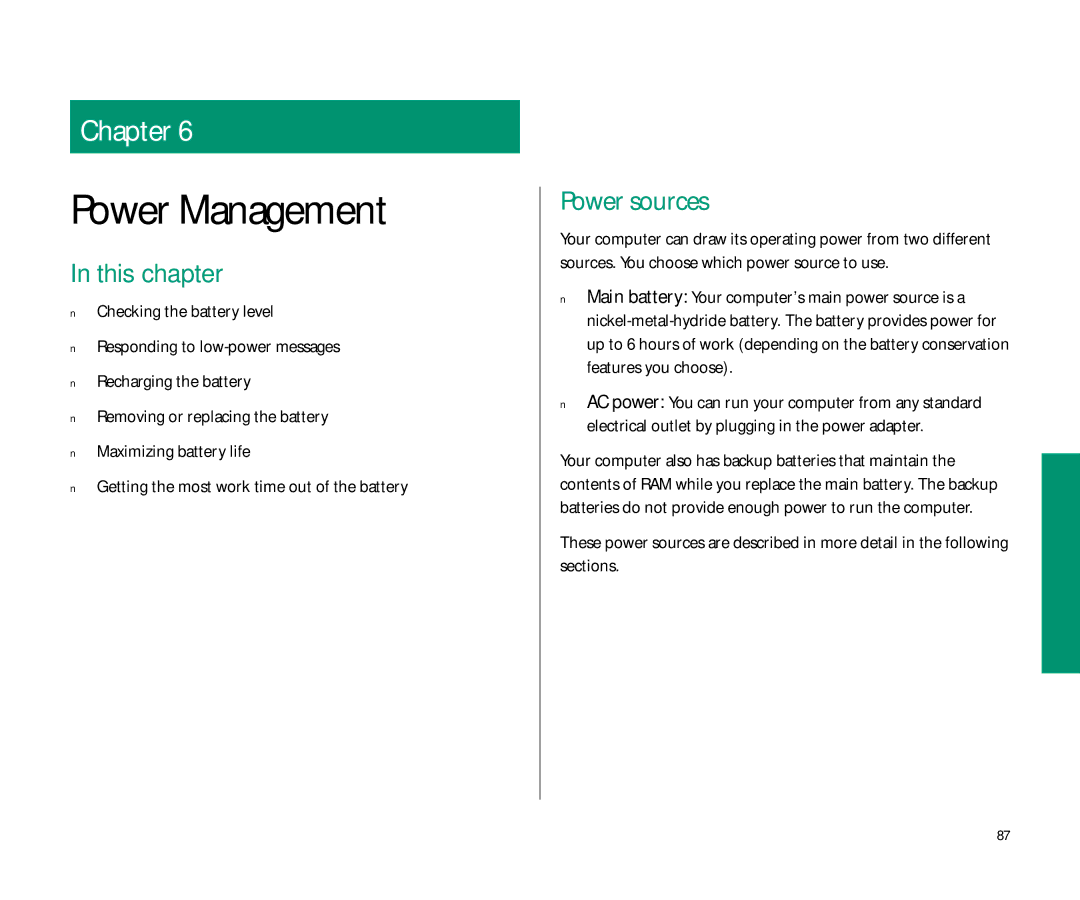 Apple Duo 270C manual Power Management, Power sources 