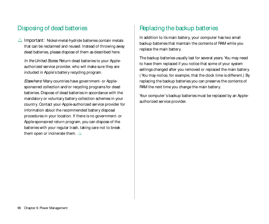 Apple Duo 270C manual Disposing of dead batteries, Replacing the backup batteries 