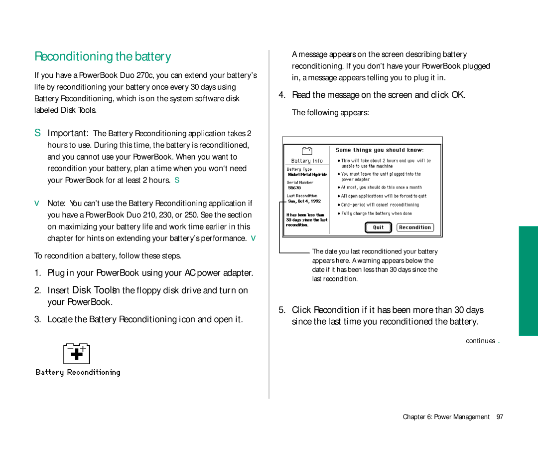 Apple Duo 270C manual Reconditioning the battery, To recondition a battery, follow these steps 