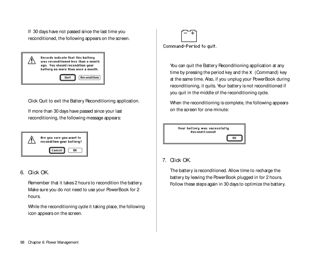 Apple Duo 270C manual Click OK, Click Quit to exit the Battery Reconditioning application 